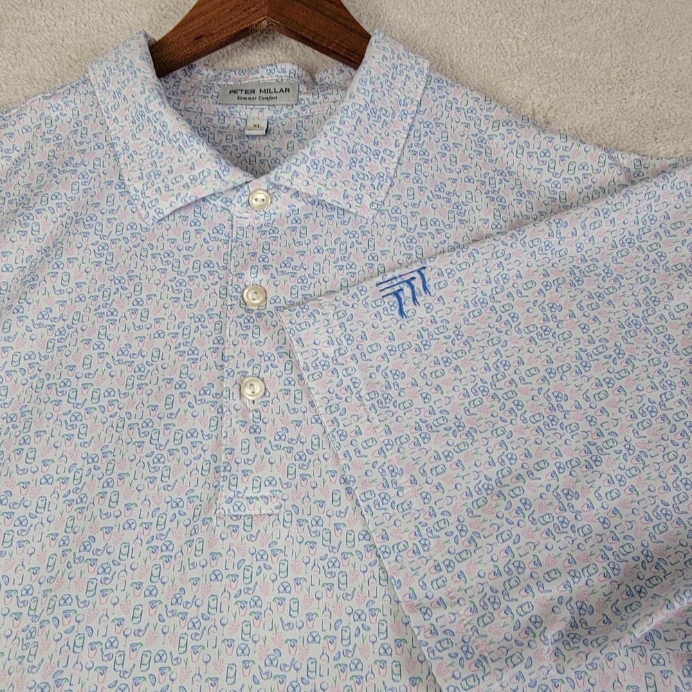 Peter Millar Polo Shirt Mens XL White Novelty Cocktail Golf Print Summer Comfort